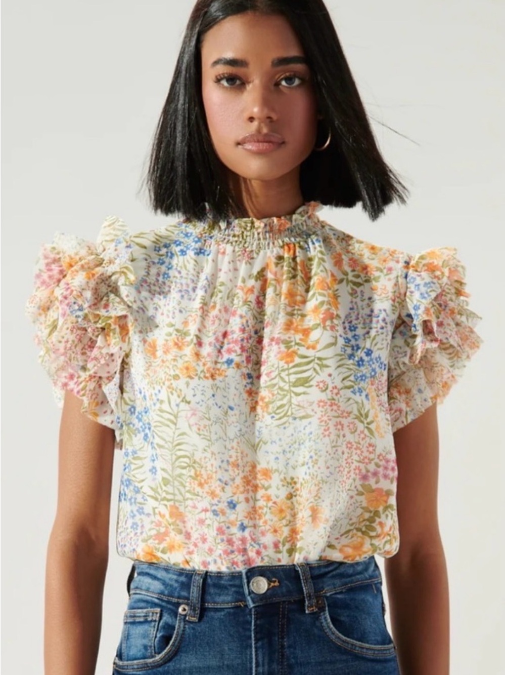 Sugarlips White Multi Floral Ruffle Sleeve Top